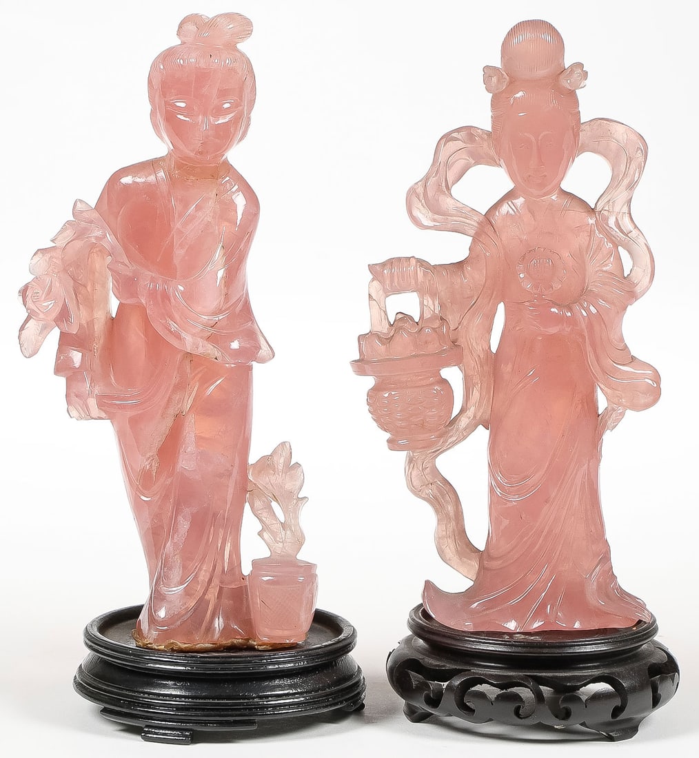 CHINESE CARVED PINK QUARTZ IMMORTALS: CHINESE CARVED PINK QUARTZ IMMORTALS. Comprising a pair of finely carved immortals, sculpted in pink quartz, carved in full round with flowing robes, attributes, deep folds, and detailed hair and face