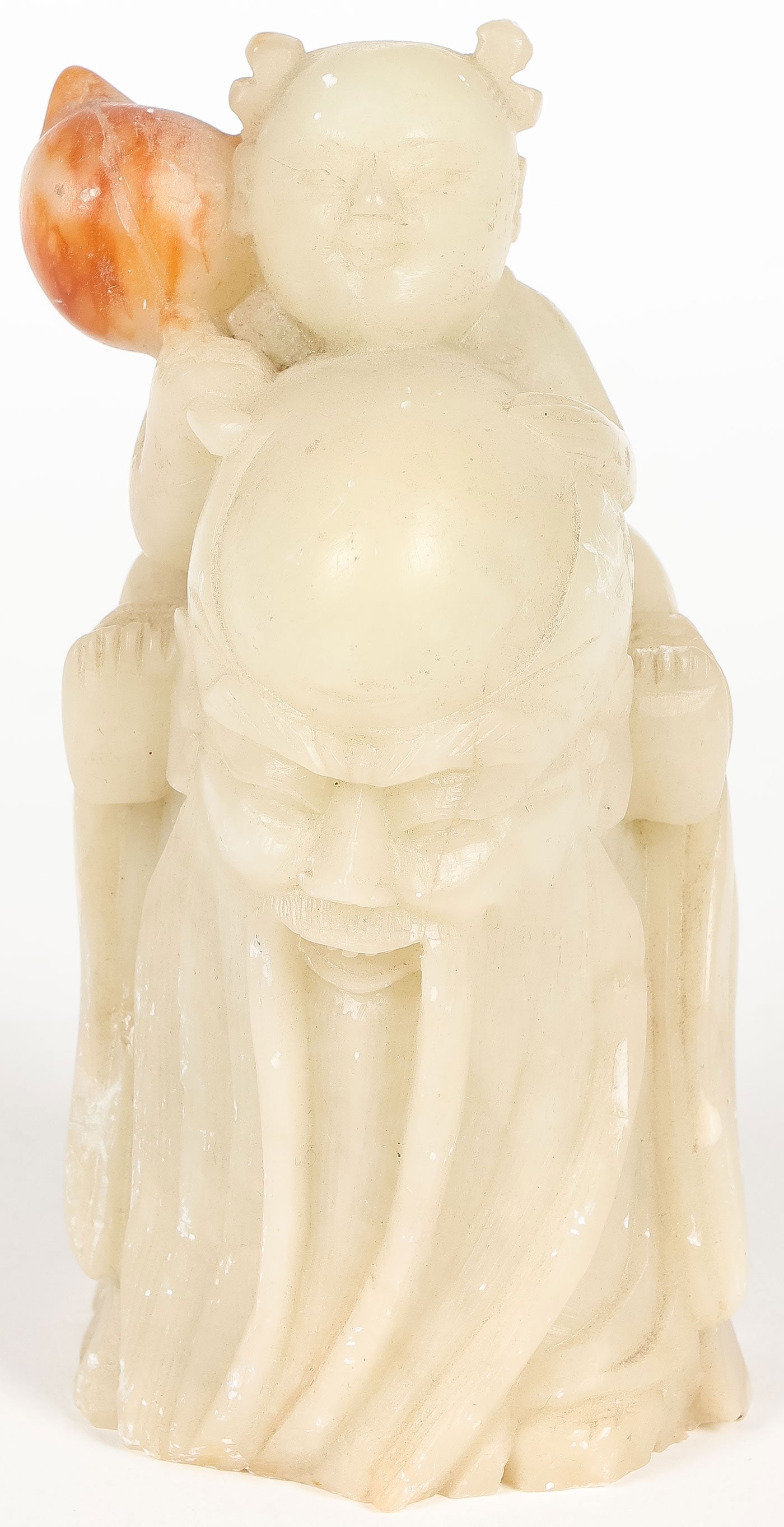 CHINESE CARVED HARDSTONE, QING: CHINESE CARVED HARDSTONE, QING. Comprising a carved hardstone figure of Shoulao carrying a young child. Height 4.75 inches (12.07cm).SHIPPING NOTICE:If you are not using the Live Auctioneers Live Sh