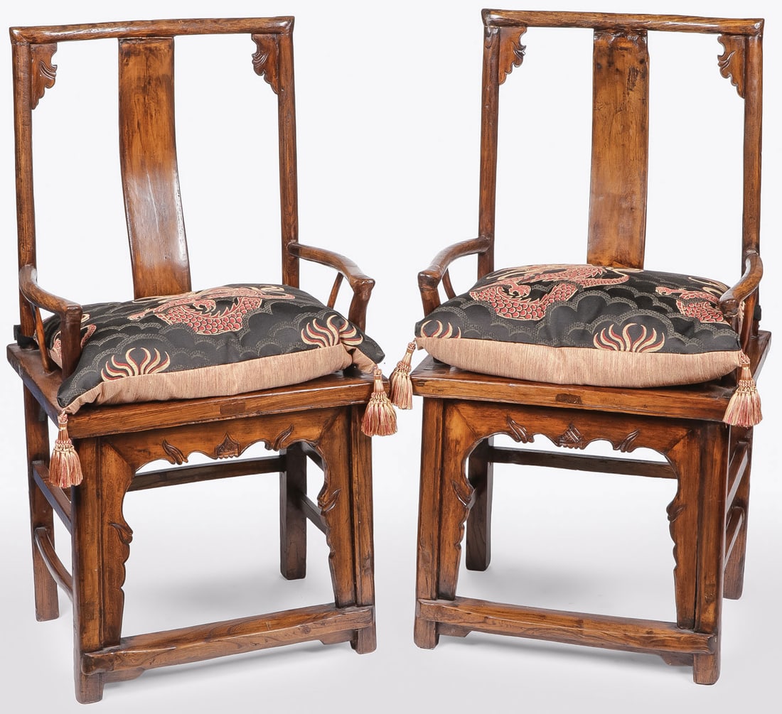 PR CHINESE QING STYLE YOKE BACK OFFICIAL'S CHAIRS: PR CHINESE QING STYLE YOKE BACK OFFICIAL'S CHAIRS. Of traditional form, with front stretcher and carved skirt. Height 42.25 inches (107.3cm), width 22 inches (55.9cm), depth 17 inches (43.2cm). LOCAL