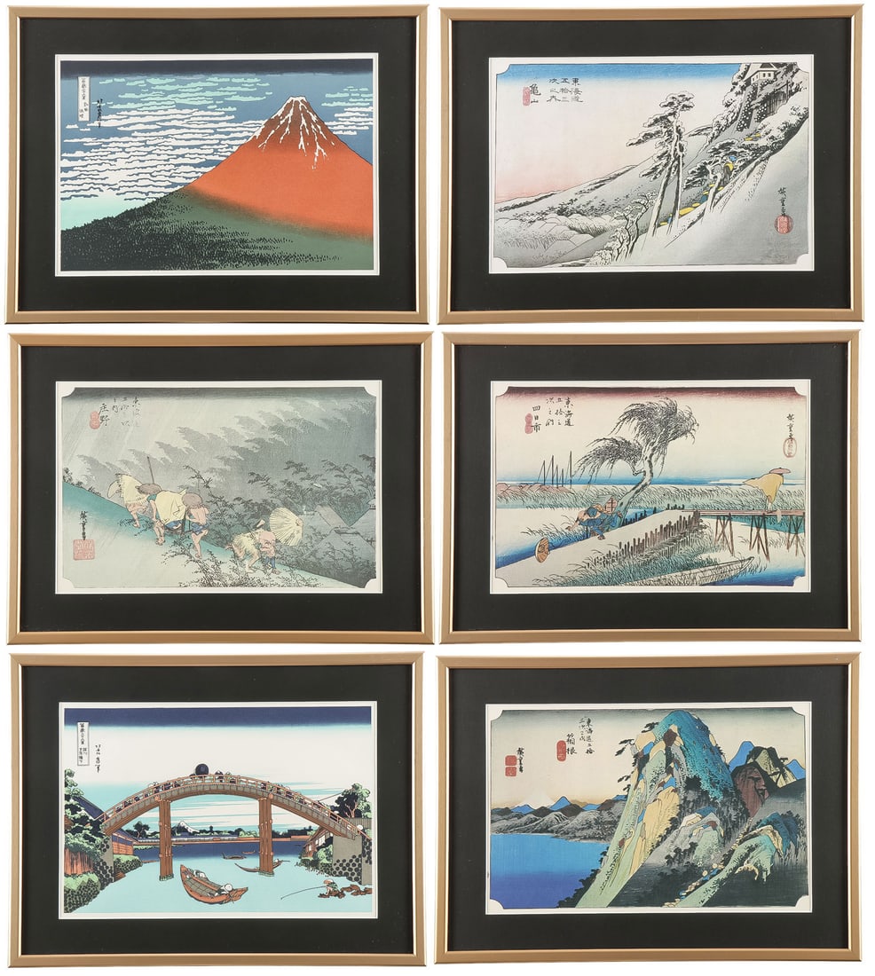SIX JAPANESE WOODBLOCK PRINTS: SIX JAPANESE WOODBLOCK PRINTS. Comprising six Japanese woodblock prints in matching glazed and matted gilt metal frames, including: "Red Fuji" after Hokusai, "View of Kameyama" after Hiroshige, "Drivi
