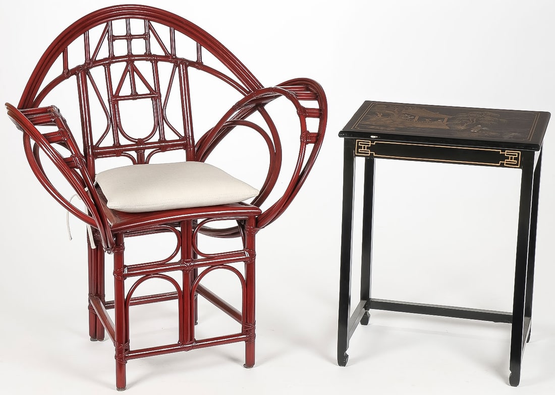 AN ASAIN LACQUER TABLE AND CHAIR: AN ASAIN LACQUER TABLE AND CHAIR. Comprising a gilt-decorated black lacquer table, height 26 inches, and an interesting bent bamboo or wicker chair with white cloth padded seat, height 36 inches, widt
