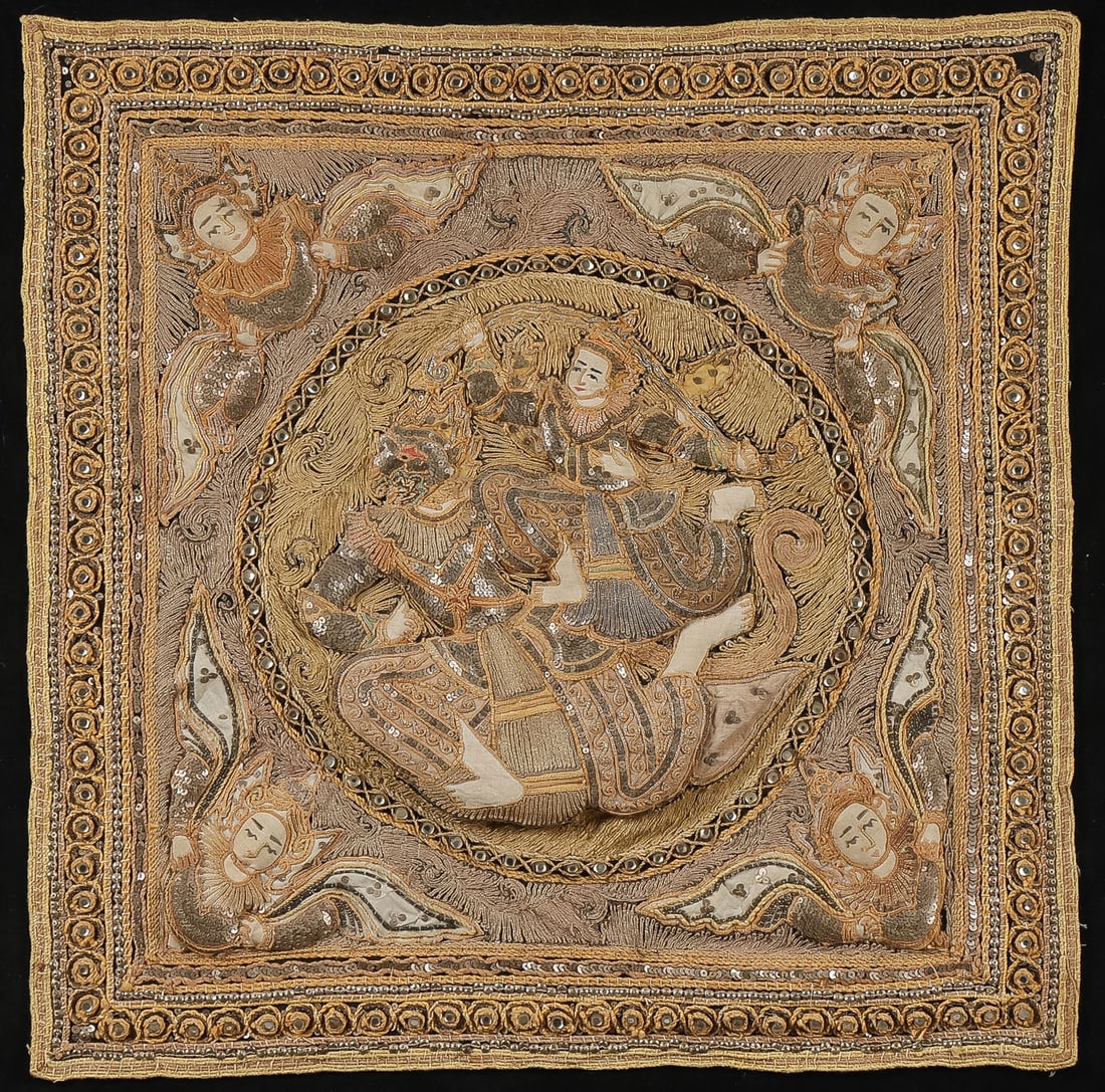 BURMESE KALAGA EMBROIDERED PANEL: BURMESE KALAGA EMBROIDERED PANEL. Comprising an impressive vintage bullion, silver, and sequins ornately embroidered padded panel with paste stone border, mounted in an attractive velvet-lined deep sh