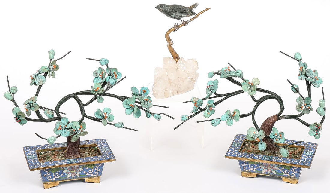 CHINESE HARDSTONE & ENAMELED FLOWERS & BIRD: CHINESE HARDSTONE & ENAMELED FLOWERS & BIRD. Comprising a pair of diminutive Chinese blossoming trees, the leaves carved from turquoise and resting in matching cloisonné enameled jardinières. Greate