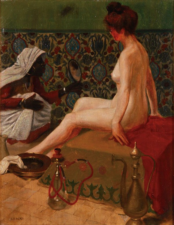 OIL PAINTING, E.B. MEAD, TURKISH BATH SCENE: E.B. MEAD(20th century) Turkish Bath- circa 1900 Oil on canvas Signed lower left "E.B. MEAD" possibly Elinor Gertrude Mead (1837-1910) 18 inches x 14 inches (45.7 x 35.5 cm)