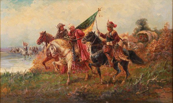 OIL PAINTING, GUSTAV PRUCHA, AUSTRIAN, MILITARY: GUSTAV PRUCHA(Austrian 1875-1952) Assembly of Horsemen on the Move Oil on canvas laid down Signed lower right "G Prucha" 12.75 inches x 20.75 inches (32.4 x 52.7 cm)