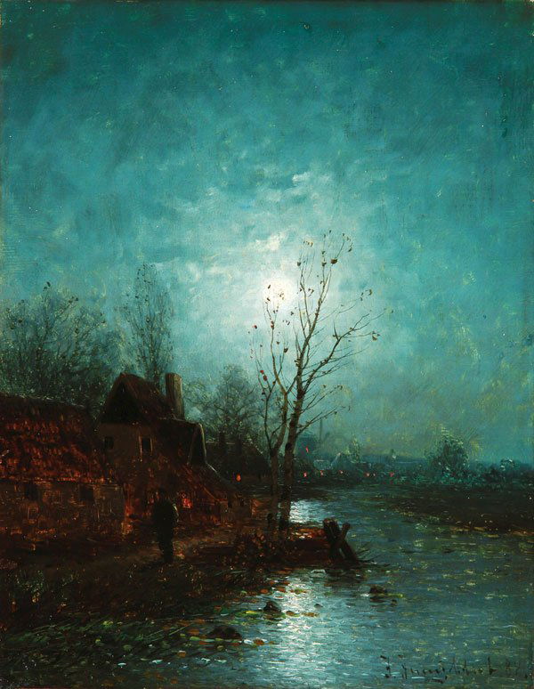 Fine Nocturnal Oil Painting Artist Signed & Dated 1889: JOHANN JUNGBLUT(German 1860-1912)Moonlit Nocturnal Cityscape- 1889Oil on canvasSigned lower right and dated 8914.5 inches x 11.4 inches (37 x 29 cm)