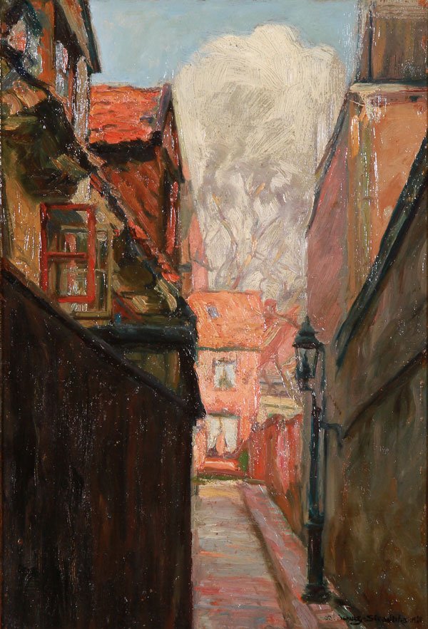 GOOD STREET SCENE OIL PAINTING SIGNED & DATED 1920: OTTO SCHULZ-STRADTMANN(German 1892-1960) Street Scene- 1920 Oil on board Signed lower right "Schulz-Stradtmann 20" 17.5 inches x 12.25 inches (45 x 31 cm)