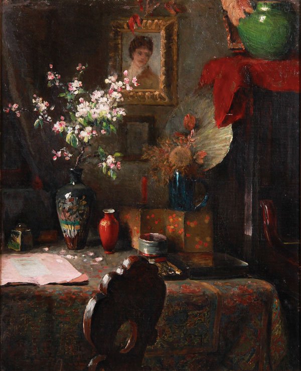 Exceptional 19th Century Still Life Oil Painting Lebon: Attributed to LEON G. LEBON(Belgian b. 1846- ) Studio Still Life Oil on canvas laid down Inscribed on verso "L. Lebon" 19 inches x 15.5 inches (48.2 x 39.3 cm)