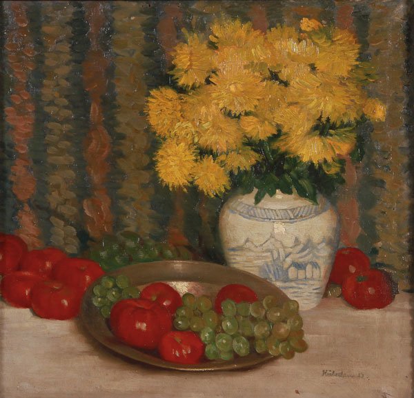 OIL PAINTING, GERMAN SCHOOL, STILL LIFE, 1912: GERMAN SCHOOL (20th century) Still Life with Apples, Grapes and Yellow Flowers- 1912 Oil on canvas Indistinguishably signed lower right and dated 1912 19.25 inches x 20 inches (49 x 51 cm)