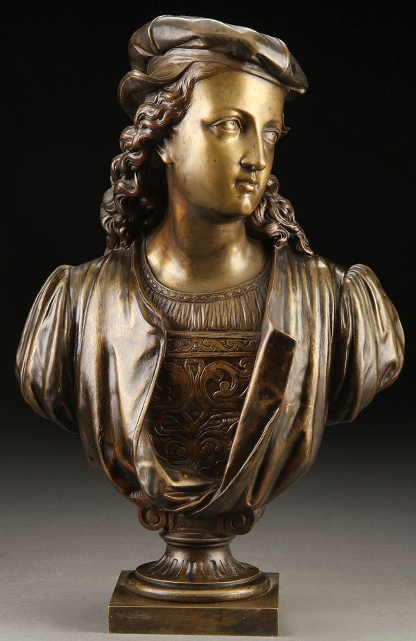 BRONZE BUST OF RAPHAEL, FRENCH, 19TH CENTURY: A BRONZE BUST OF THE YOUNG ARTIST RAPHAEL, PROBABLY FRENCH, 19TH CENTURY. Unsigned. Height 14.75 inches (37.5 cm).
