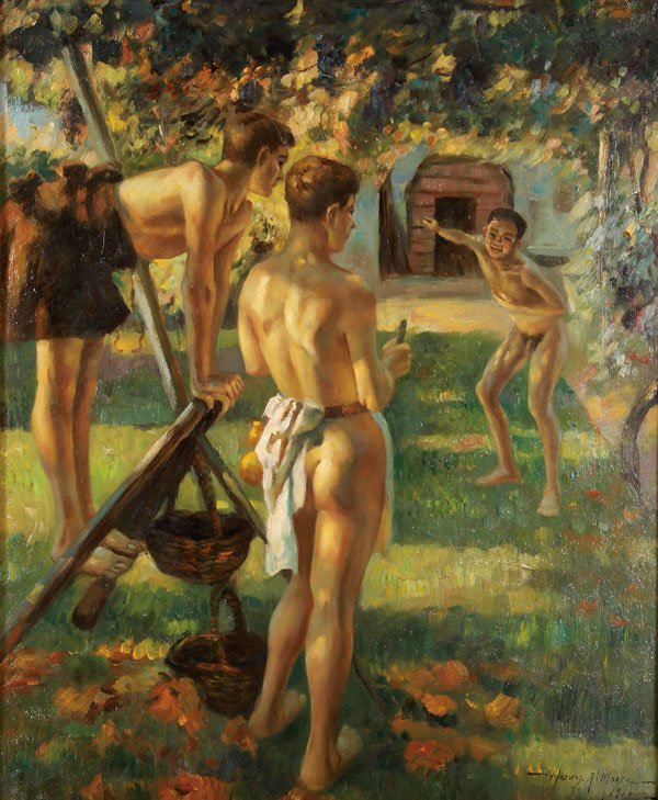 OIL PAINTING, CIRCLE OF HANS LIETZMANN, GERMAN: Circle of HANS LIETZMANN(German 1872-1955) Boys Picking Grapes Oil on canvas laid down Signed lower right "Henry A. Moore" and dated 22 24 inches x 19.75 inches (61 x 50.2 cm)
