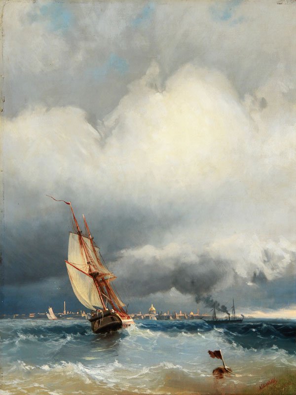 RUSSIAN OIL PAINTING, CIRCLE OF AIVAZOVSKY: Circle of IVAN KONSTANTINOVICH AIVAZOVSKY(Russian 1817-1900) View of St. Petersburg from the Baltic Oil on canvas Bears the signature lower right in Cyrillic Aivazovsky 22.25 inches x 17 inches (57 x 