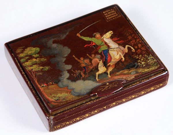 PRESENTATION CIGARETTE CASE FOR TERENTIEV, 1942: AN INTERESTING AND UNIQUE PAINTED PRESENTATION CIGARETTE CASE TO SOVIET MILITARY COMMANDER VASILY GREGORYEVICH TERENTIEV (1899-1957), DATED 1942. The cover of the hinged lid painted with a charging gr