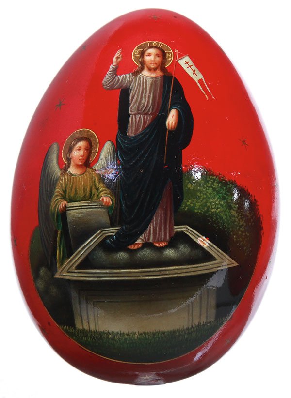 RUSSIAN EASTER EGG, VISHNIAKOV, 1875: A RUSSIAN PAPIER-MÂCHÉ AND LACQUER EASTER EGG, VISHNIAKOV, CIRCA 1875. The front painted with an image of the resurrected Christ on a red ground and the verso painted with the Ivan the Great Belltow