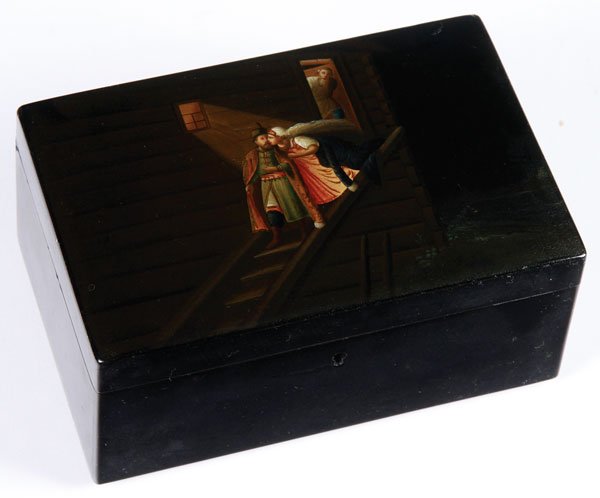 RUSSIAN LACQUER BOX, VISHNIAKOV: A LARGE RUSSIAN LACQUER BOX, VISHNIAKOV, 19TH CENTURY. Of rectangular form, the hinged lid painted with an elopement scene. The interior in red lacquer and with ”Vishniakov” mark. Length 7.2 inche