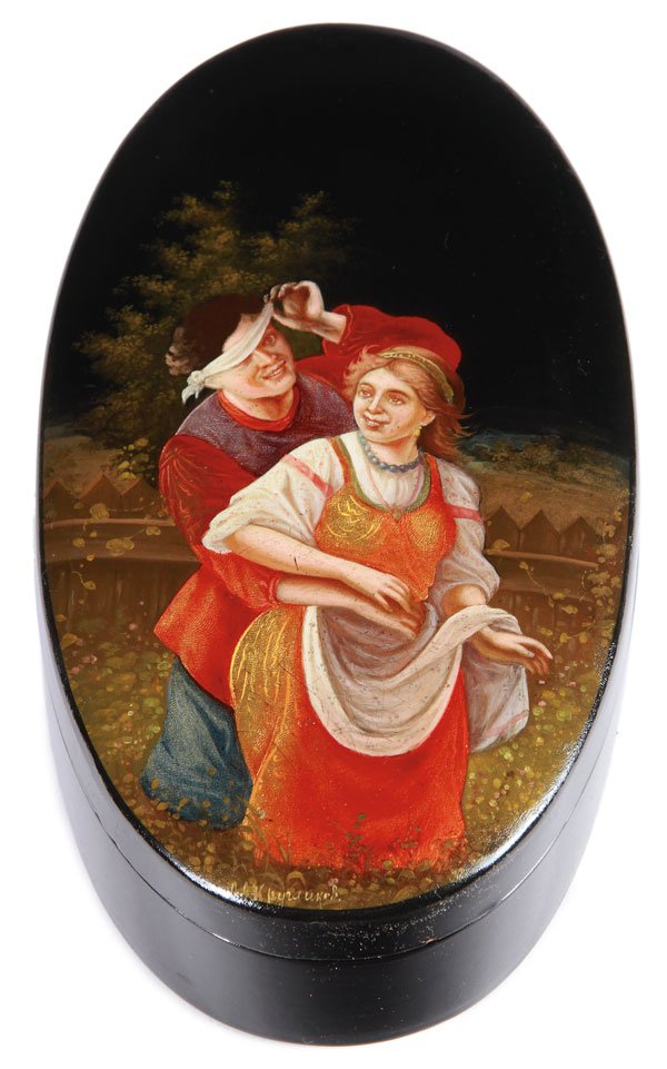 A RUSSIAN LACQUER COVERED BOX, VISHNIAKOV, 19TH C: A LARGE AND EXCEPTIONAL RUSSIAN LACQUER COVERED BOX, VISHNIAKOV, 19TH CENTURY. Of oval form, the fitted lid painted with a scene of Blind Man’s Bluff, and artist signed A.A. Kruglikov. The interior 