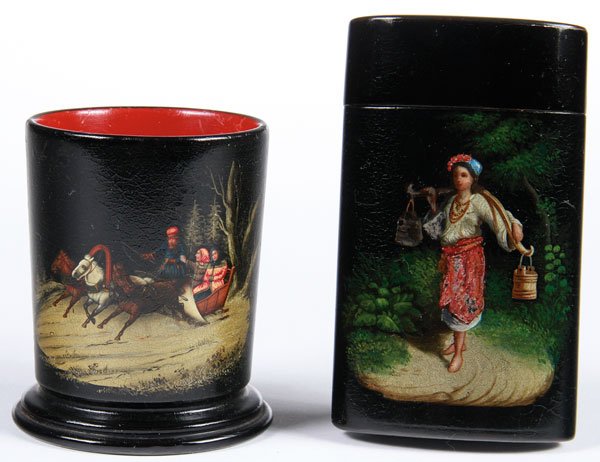 A PAIR OF RUSSIAN LACQUER ITEMS, LUKUTIN, 19TH C: A PAIR OF RUSSIAN LACQUER ITEMS, LUKUTIN, 19TH CENTURY. Comprising a cylindrical pencil holder with stepped base painted with a winter troika scene; and a cigarette or card case with fitted lid painte