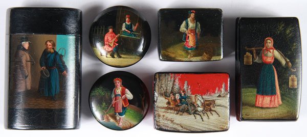 GROUP OF MINIATURE RUSSIAN LACQUERWARE ITEMS: A GROUP OF MINIATURE RUSSIAN LACQUERWARE ITEMS, LUKUTIN AND VISHNIAKOV, 19TH CENTURY. Comprising a cylindrical oval shaped match box painted with a coachman scene and with striking surface on bottom; 