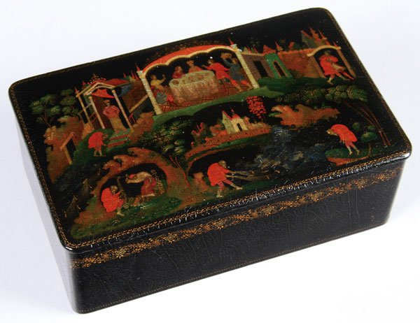 AN EARLY RUSSIAN PALEKH LACQUER BOX, 1933: AN EARLY RUSSIAN PALEKH LACQUER BOX, 1933. Of rectangular form with rounded corners, the hinged lid painted illustrating the fairytale “The Golden Fish”. Artist signed and dated 1933 lower right a