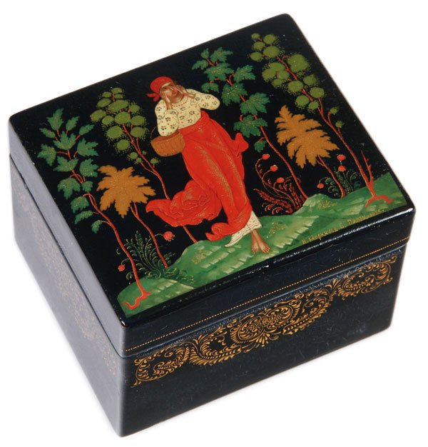 AN EARLY RUSSIAN PALEKH LACQUER COVERED BOX, 1925: AN EARLY RUSSIAN PALEKH LACQUER COVERED BOX, 1925. The over-fitting lid painted with a scene of “The Beer Collector in the Forest”. Signed and dated lower right “I. Markitchev 1925”. The sides