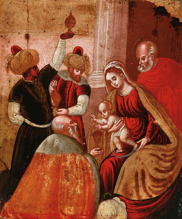 Italo-Cretan Icon Adoration Of The Magi 17th century: AN ITALO-CRETAN ICON OF THE ADORATION OF THE MAGI, 17TH CENTURY. On the right, the Mother of God cradling the infant Christ who blesses one of the three Magi, kneeling before him with his gift of gold