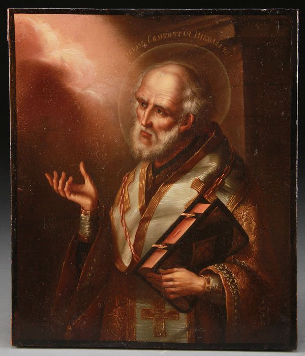 A FINE DATED RUSSIAN ICON, ST. NICHOLAS, 1821: A DATED RUSSIAN ICON, SAINT NICHOLAS, 1821. Finely rendered in the academic style, the verso inscribed and dated 1821, in an excellent state of original preservation. 12.24 inches x 10.3 inches (31 x 