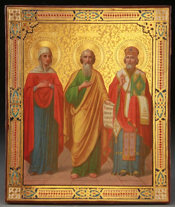 A RUSSIAN ICON OF SELECTED SAINTS, CIRCA 1880: A RUSSIAN ICON OF SELECTED SAINTS, CIRCA 1880. Depicting the Old Testament Prophetess Anna, the Prophet Elijah and St. Nicholas. The gilded background ornately incised and the borders in faux cloisonn