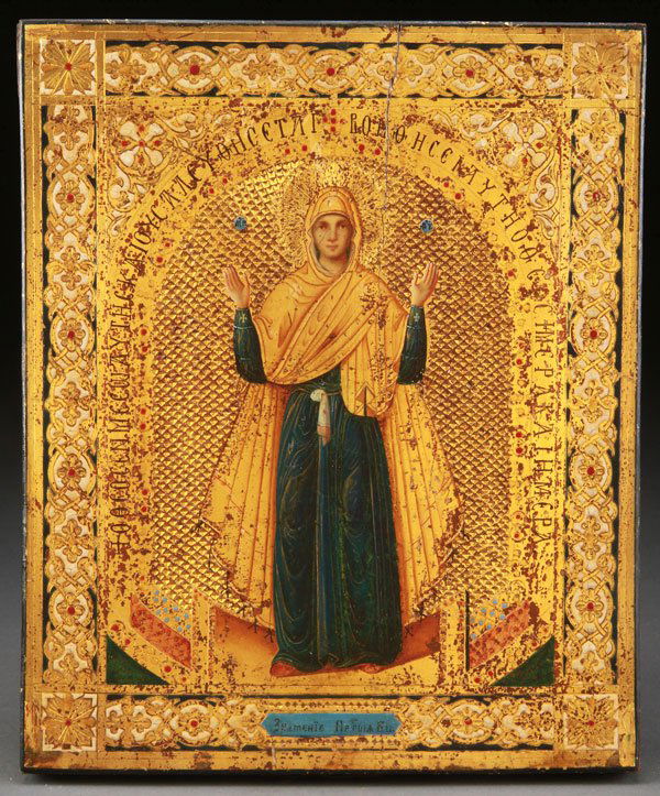 A RUSSIAN ICON OF THE VIRGIN ORANS, CIRCA 1890: A RUSSIAN ICON OF THE VIRGIN ORANS, CIRCA 1890. This icon is modeled after the famous six meter high mosaic located over the central aspe in the Cathedral of St. Sophia in Kiev, Ukraine. The embroider