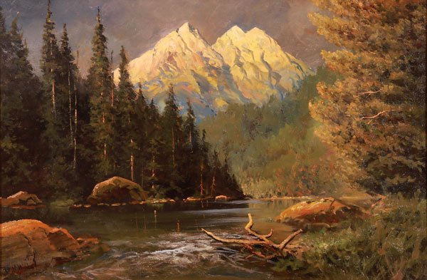 OIL PAINTING, ROBERT WOOD, LANDSCAPE: ROBERT WILLIAM WOOD(American 1889-1979) Teton Sunrise Oil on canvas Signed lower left "Robert Woods", also stamped and titled on verso 24 inches x 36 inches