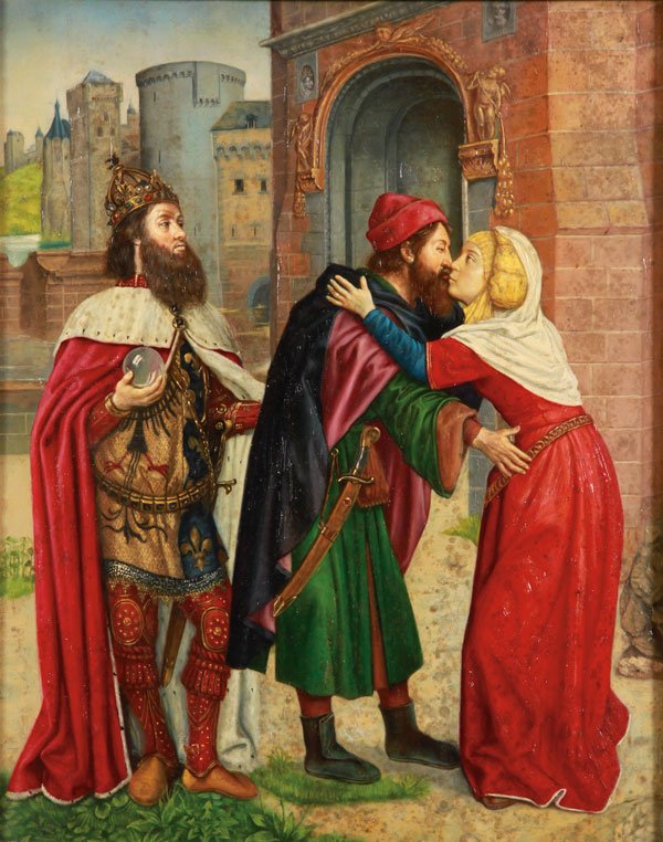 OIL PAINTING, AFTER JEAN HEY, NETHERLANDISH: After JEAN HEY(Netherlandish f. 1475-1505) Meeting at the Golden Gate Oil on cradled wood panel 20 inches x 15.8 inches (51 x 40 cm). The offered lot follows closely the painting of the same subject h
