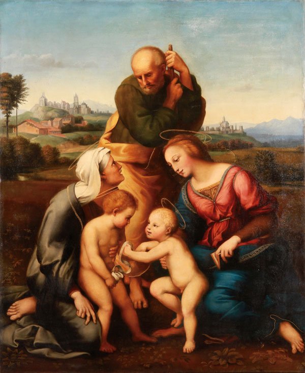 RELIGIOUS OIL PAINTING, HOLY FAMILY AFTER RAPHAEL: After RAPHAEL(Italian 1483-1520) The Holy Family Oil on canvas 37.5 inches x 30.75 inches (95.25 x 78.1cm), unframed
