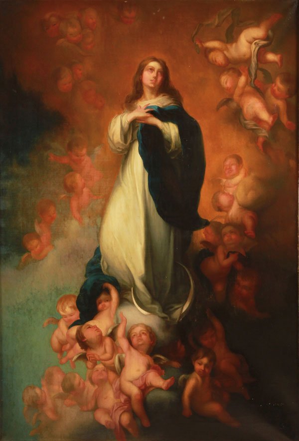 RELIGIOUS OIL PAINTING AFTER MURILLO, OUR LADY: After BARTOLOME ESTEBAN MURILLO(Spanish 1618-1682)Our Lady of the Immaculate Conception Oil on canvas47.5 inches x 32.5 inches (120.8 x 82.5 cm)