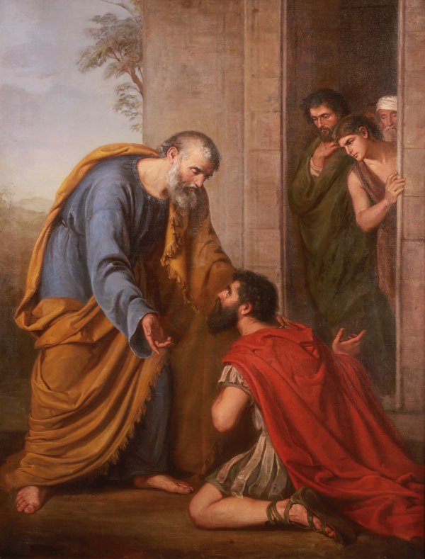 RELIGIOUS OIL PAINTING, ATTR RICHTER, GERMAN: Attributed to Gustav Karl Richter(German 1823-1884) St. Peter and the Roman Centurion Oil on canvas Stretcher inscribed "G.K. RICHTER" 48.75 inches x 37.25 inches (124 x 94.5 cm)