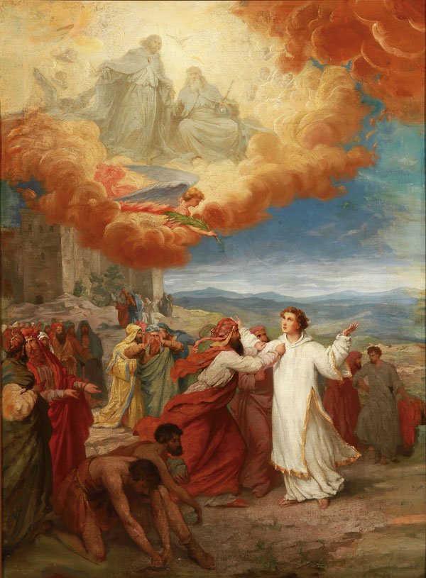RELIGIOUS OIL PAINTING, CONTINENTAL, ST STEPHEN: CONTINENTAL SCHOOL(19th century) The Martyrdom of St. Stephen- circa 1890 Oil on artist board Apparently unsigned 33 inches x 24.5 inches (84 x 62 cm)