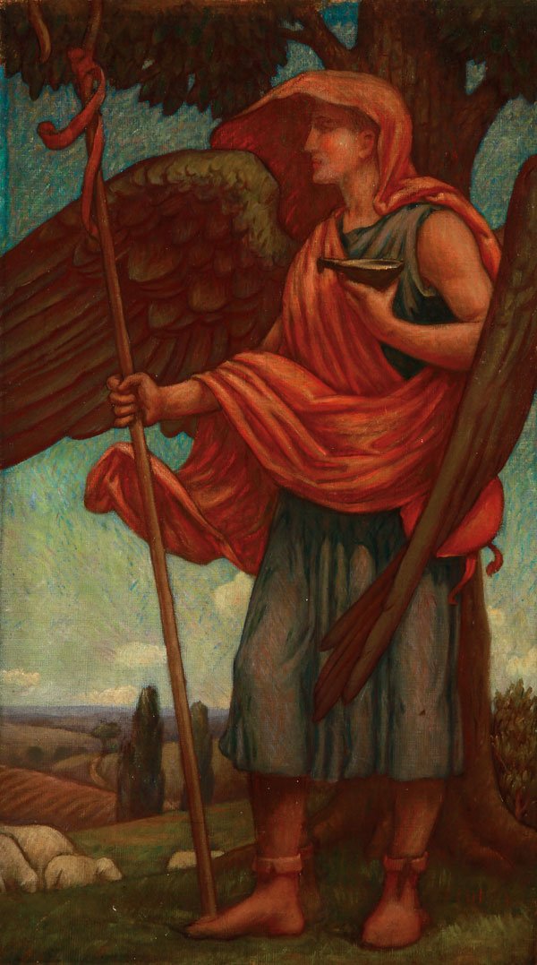 RELIGIOUS OIL PAINTING, ATTR SCHWARTZ, AMERICAN: Attributed to ANDREW THOMAS SCHWARTZ(American 1867-1942)The Guardian Oil on canvasStretcher with remnant of old exhibition label inscribed "A.T. Schwartz"30 inches x 17.1 inches, unframed