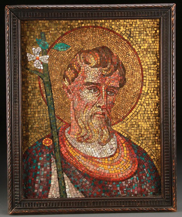 A FINE LARGE ITALIAN MOSAIC PLAQUE 19TH CENTURY: A LARGE AND IMPRESSIVE MOSAIC PLAQUE OF SAINT JOSEPH, ITALIAN 19TH CENTURY. Contained in a vintage carved ebonized wood frame. 25 inches x 20.3 inches (63.5 x 51.7 cm).