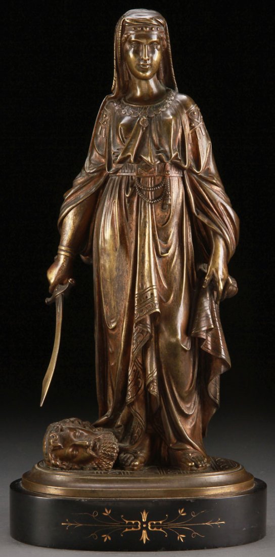 BRONZE FIGURE, JUDITH, LEON PILET (FRENCH 1836-1916): A BRONZE FIGURE OF JUDITH WITH THE HEAD OF HOLOFERNES, LEON PILET (FRENCH 1836-1916) CENTURY. Set on a decorated oval plinth.Inscribed lower right "L.Pilet" Height 14.5 inches (37 cm).