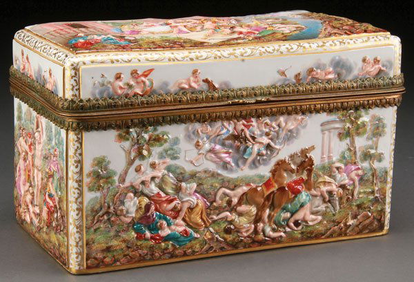 MEISSEN NEOCLASSICAL PORCELAIN BOX, 19TH CENTURY: A LARGE AND IMPRESSIVE MEISSEN NEOCLASSICAL (CAPO-DI-MONTE) STYLE GILT BRONZE MOUNTED PORCELAIN BOX, LATE 19TH CENTURY. Of rectangular form, with hinged cover, colorfully decorated with a military ba