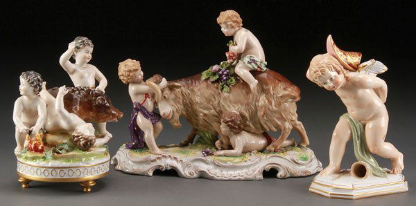 3 DRESDEN FIGURAL PORCELAIN GROUPS, 19TH CENTURY: THREE DRESDEN FIGURAL PORCELAIN GROUPS, LATE 19TH/EARLY 20TH CENTURY. Comprising an Ernst Bohne group of three putti with boar, an Ernst Bohne group of three Bacchanalian infants with goat, and a KPM