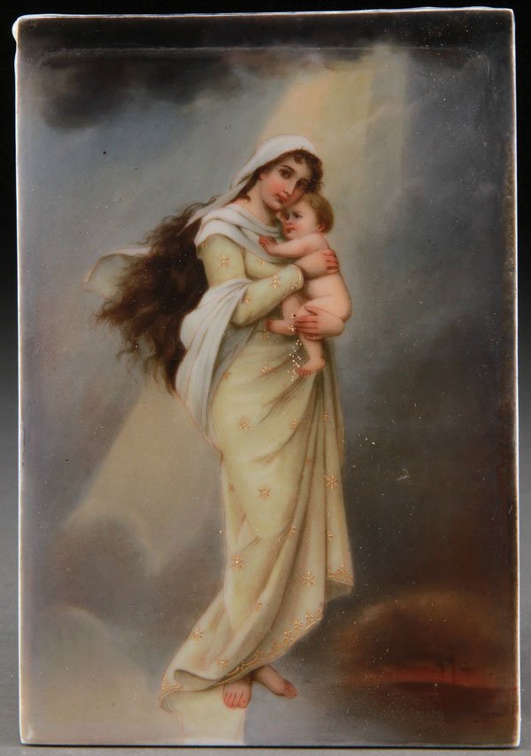 Kpm Style Hand Painted Porcelain Plaque, 19th C: A FINE KPM (BERLIN) STYLE HAND PAINTED PORCELAIN PLAQUE, LATE 19TH CENTURY. Depicting Madonna and Child. The verso with impressed cross mark. The porcelain 6.25 inches x 4.25 inches (16 x 11 cm). Cont