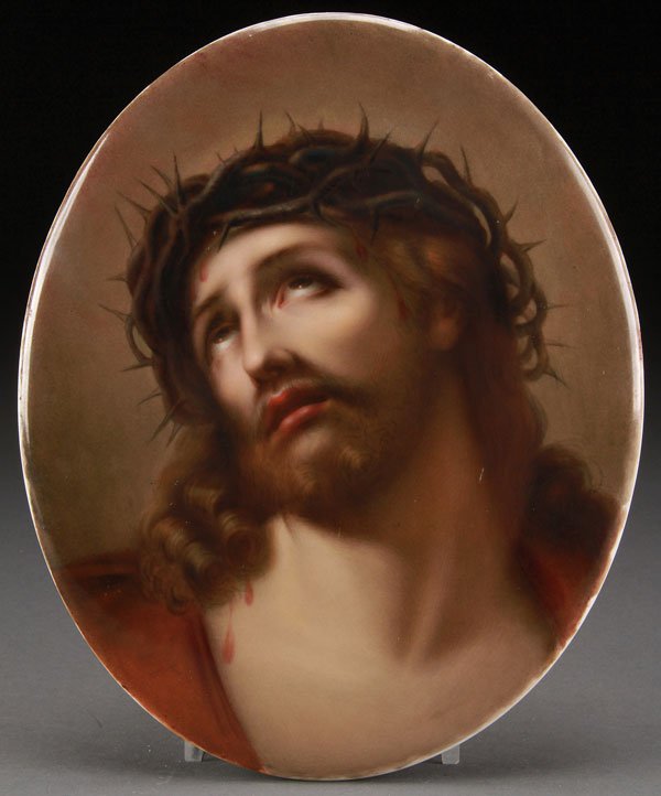 KPM PORCELAIN PLAQUE OF ECCE HOMO, CIRCA 1900: A FINE KPM (BERLIN) PORCELAIN PLAQUE OF "ECCE HOMO", CIRCA 1900. After Guido Reni. Of oval form, depicting Christ wearing a crown of thorns. The verso impressed "KPM" with scepter. Height 10.75 inches