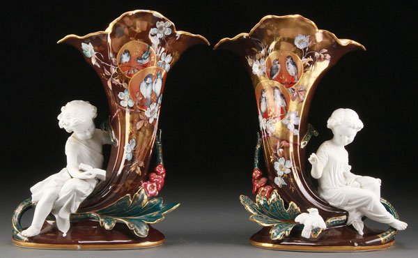 2 SAZERAT & BLONDEAU LIMOGES PARIAN FIGURAL VASES: A VERY FINE PAIR OF LEON SAZERAT AND P. BLONDEAU LIMOGES DECORATED AND PARIAN FIGURAL MANTLE VASES, CIRCA 1870. Of cornucopia form, finely decorated with birds in medallions and wild rose blossoms on 