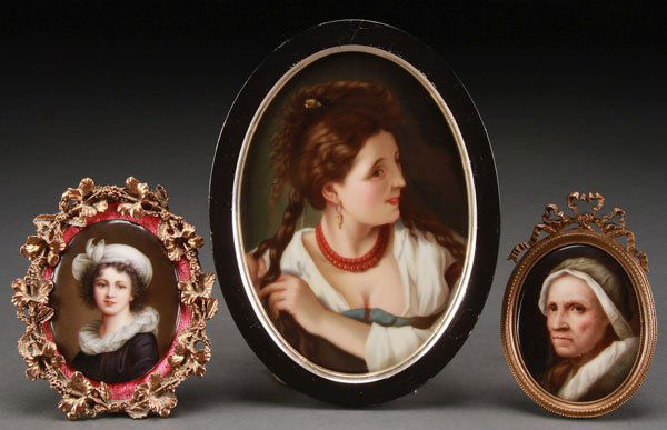 THREE KPM STYLE HAND PAINTED PORCELAIN PLAQUES: A GROUP OF THREE KPM STYLE HAND PAINTED PORCELAIN PLAQUES, LATE 19TH/EARLY 20TH CENTURY. Of a young girl in gilt metal frame, a young beauty braiding hair, and an old woman after Rembrandt. The large