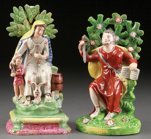 TWO STAFFORDSHIRE PEARLWARE FIGURES, CIRCA 1820: TWO STAFFORDSHIRE PEARLWARE FIGURES, CIRCA 1820. Comprising the “Widow of Zarephath”, modeled with the seated figure of a woman wearing a floral painted dress and yellow cloak, a young child at h