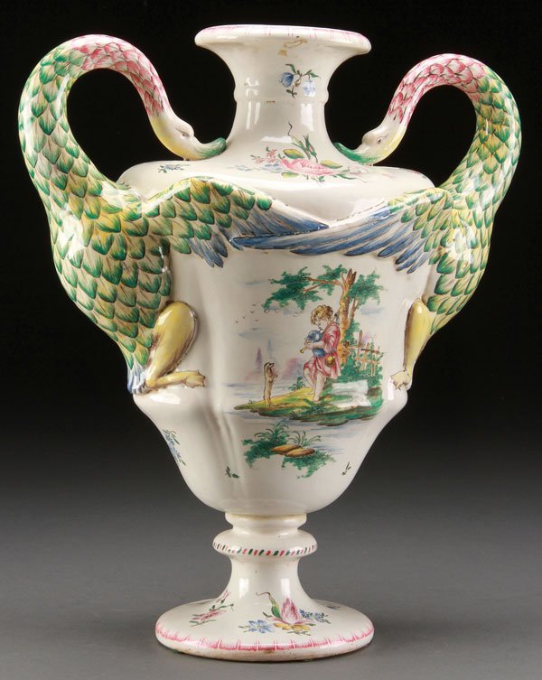 LARGE FRENCH VEUVE PERRIN FAIENCE URN, CIRCA 1800: A LARGE FRENCH VEUVE PERRIN FAIENCE URN, CIRCA 1800. With bird form handles, decorated with flowers and rustic scenes on both sides. Inscribed "VP" on base. Later drilled as lamp. Height 15 inches (38