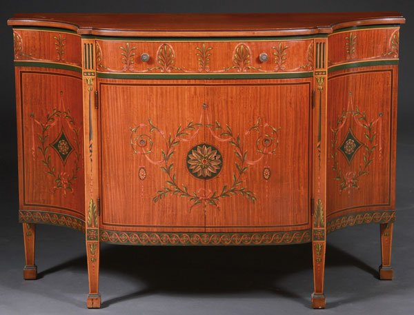 LOUIS XV STYLE POLYCHROME SATINWOOD SIDE CABINET: A VERY FINE LOUIS XV STYLE POLYCHROME SATINWOOD SIDE CABINET, 20TH CENTURY. Finely enameled with polychrome scrolled foliates, rosettes, drapery, and palmettes. With two doors below a single drawer. T