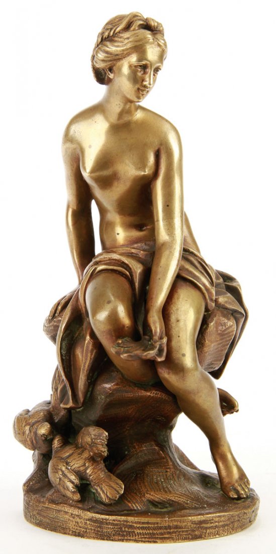 BRONZE, CLAUDE MICHEL CLODION, FRENCH, BATHER: CLAUDE MICHEL CLODION(French 1738-1814) Female Nude Bather Bronze with brown patina Inscribed on base "Clodion" and foundry mark "rolland fondeur paris" Height 9 inches (23 cm)