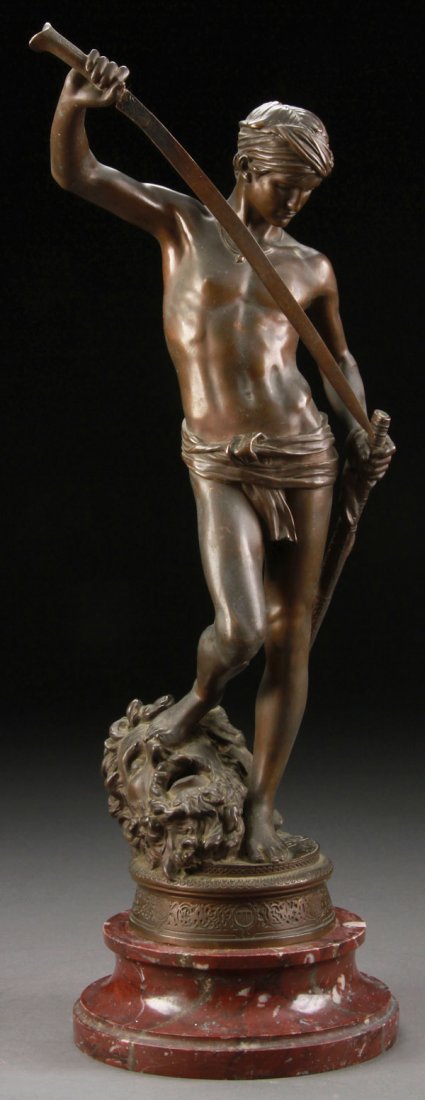 BRONZE, AFTER MARIUS JEAN ANTONIN MERCIE, FRENCH: After MARIUS JEAN ANTONIN MERCIE(French 1845-1916) David Bronze with brown patina Inscribed on base "A.Mercie" Height of figure 18.5 inches (47 cm), overall height 20.5 inches (52.1 cm)