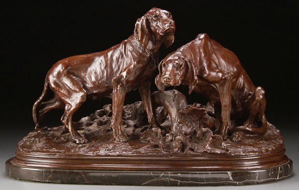 BRONZE, PIERRE JULES MÊNE, FRENCH ON THE LOOK OUT: PIERRE JULES MÊNE(French 1810-1879) On the Look Out Bronze with reddish brown patina Inscribed on base "PJ MÊNE" Height 9.75 inches (25 cm), length 17 inches (43 cm), overall height 10.5 inches (26.