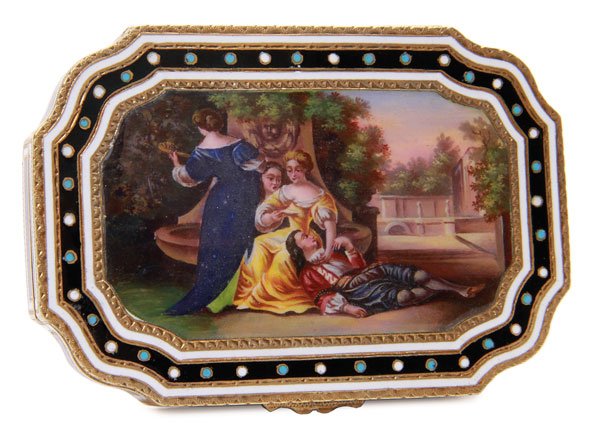 CONTINENTAL SILVER-GILT & ENAMELED LIDDED BOX: A VERY FINE CONTINENTAL SILVER-GILT AND ENAMELED LIDDED BOX, CIRCA 1924. The oval form case finely enameled with a romantic scene of lovers in a garden setting, the verso with a chased and enameled di